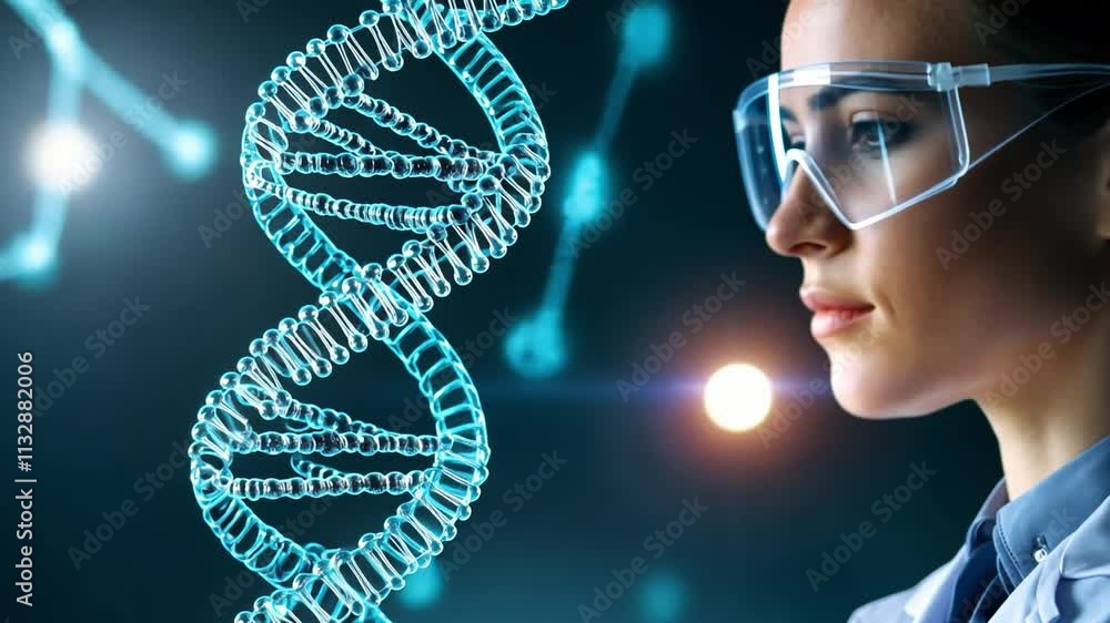 Poster dna explored by a scientist via innovative biocomputer technology in a modern laboratory setting