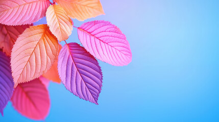 Pastel color leaves against soft blue background create serene atmosphere