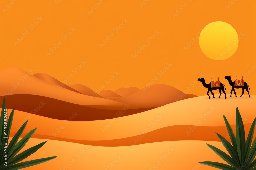 Poster a clean graphic of a camel caravan crossing a salt plain, using minimal lines and soft, desert-inspi