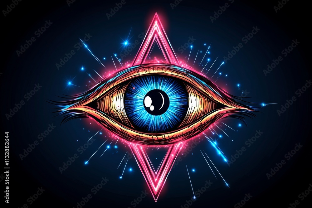 Poster a clean, minimalist depiction of an evil eye symbol, with sharp geometric shapes and glowing lines a