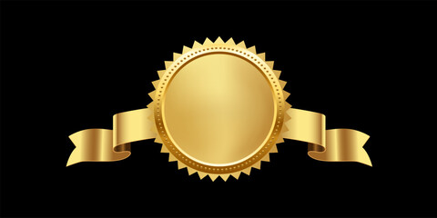 Gold medal with horizontal ribbon vector illustration. 3d realistic golden award isolated on black background. Design element for labels, certificates, badges, winners, sales, discounts, diplomas