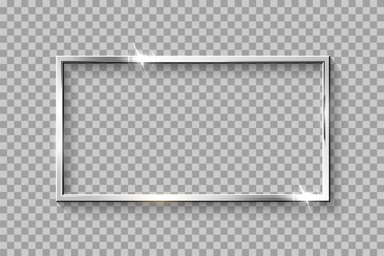 Silver rectangle frame. Metal platinum thin photo or picture frame isolated on transparent background. 3d empty template vector illustration. Simple object mockup