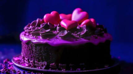 A rich chocolate cake topped with glossy purple icing, chocolate shavings, and pink heart decorations, set against a deep blue background for a dramatic effect.