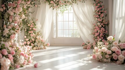 Elegant wedding&nbsp;ceremony setting with floral arch combining&nbsp;pink roses and eucalyptus, white&nbsp;curtains, and marble flooring in dreamy, ethereal atmosphere.