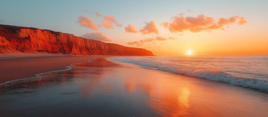 Sunset over orange cliffs and tranquil beach.