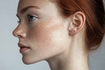 Close-up profile of a young woman with freckles and red hair, showcasing her natural beauty.