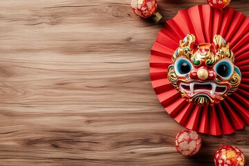 Small colorful dragon head with New Year decorations around. Creative composition on a textured wooden background with copy space.