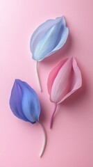 Minimalistic abstract photo of three blue and pink flower petals placed on a pastel background.
