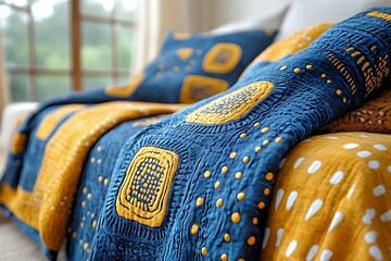 Blue and yellow patterned blanket on a sofa in a cozy living room