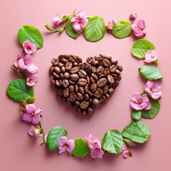 A heart made of roasted coffee beans framed with flowers and leaves. Valentine's day themed flat lay photo with pastel pink background.