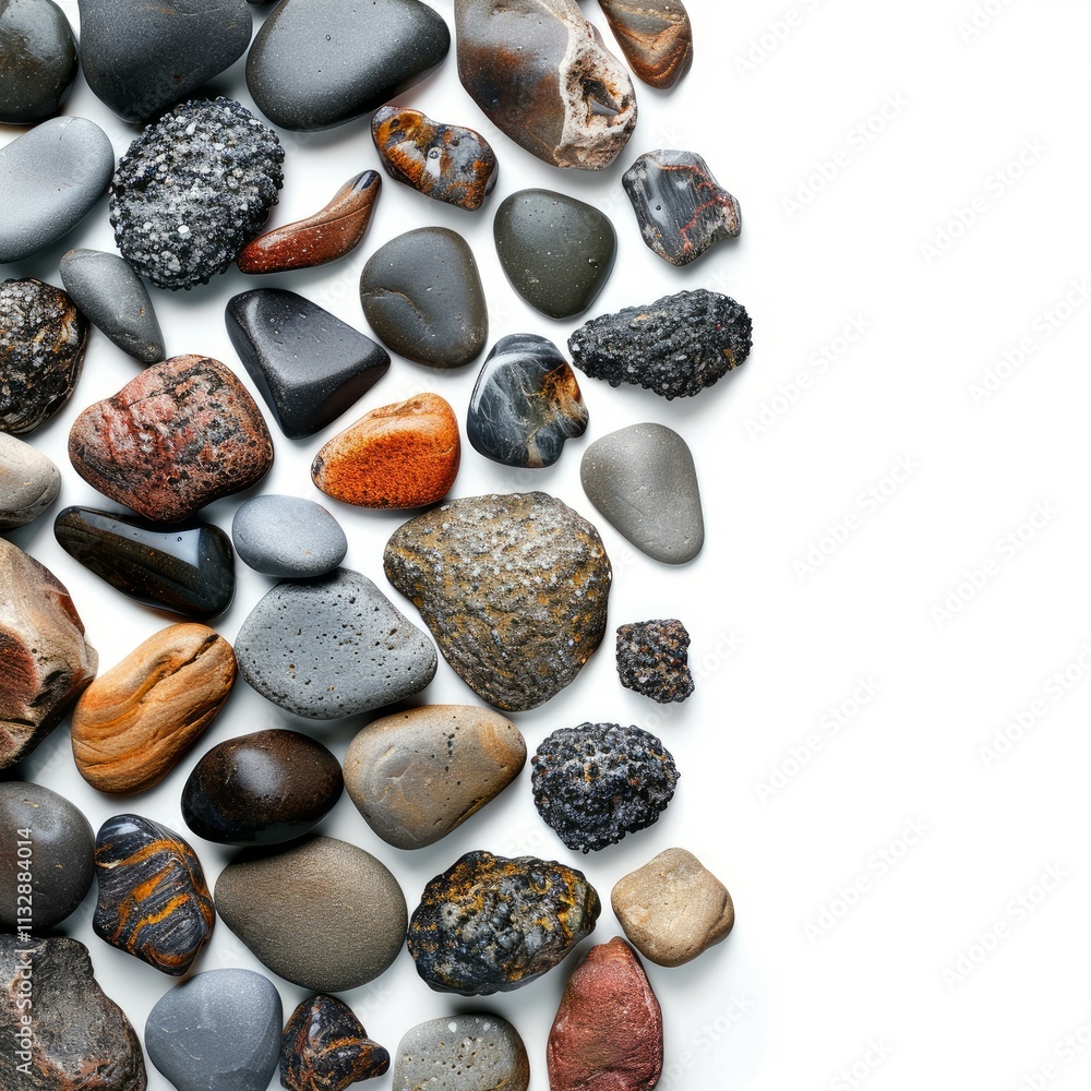 Poster variety of colorful pebbles and stones creating a decorative border on a clean white background, off