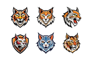 Fototapeta premium Various styles of a bobcat's face logo, labeled any details vector design illustration.