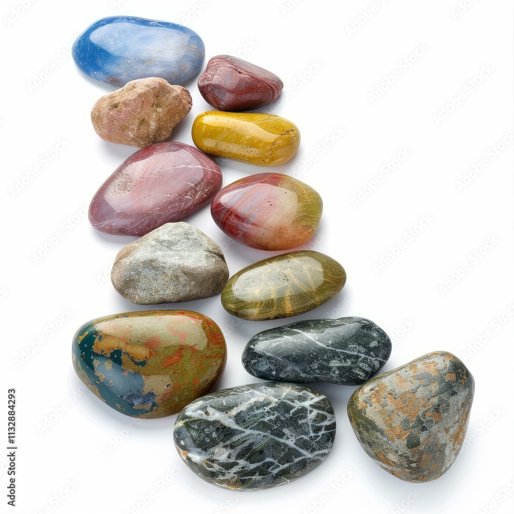 Poster polished gemstones of various colors and textures creating a diagonal composition on a white backgro