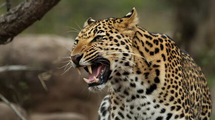 Obraz premium Portrait of angry leopard roar in the deep jungle 