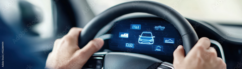 Poster driving modern vehicle with digital dashboard display showing various information