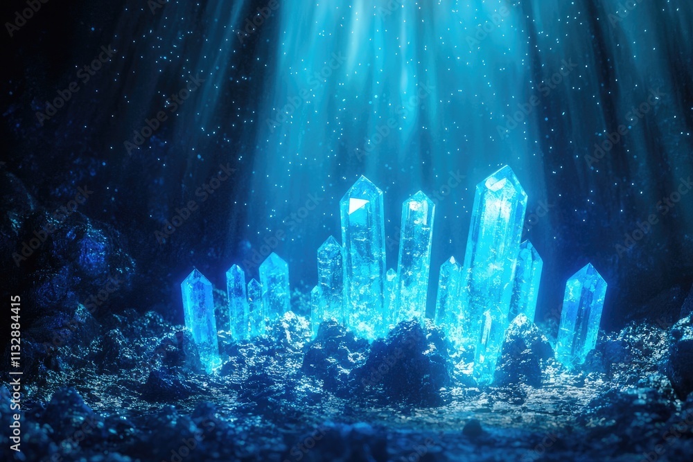 Poster futuristic digital landscape with glowing blue points and rays of light in a deep dark background fo