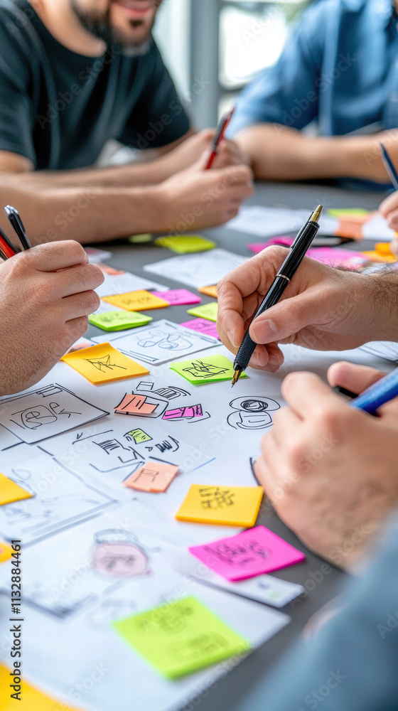 Poster business meeting note paper. collaborative brainstorming session with hands sketching ideas on paper