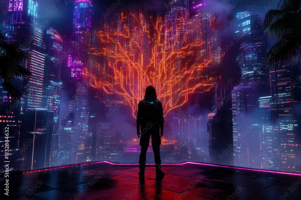 Poster a cyberpunk-themed depiction of a glowing eucalyptus forest, with neon-colored leaves and high-tech 