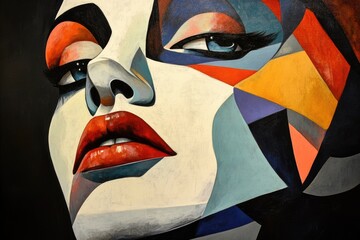 Abstract portrait of a woman's face, geometric shapes, bold colors, expressive style.