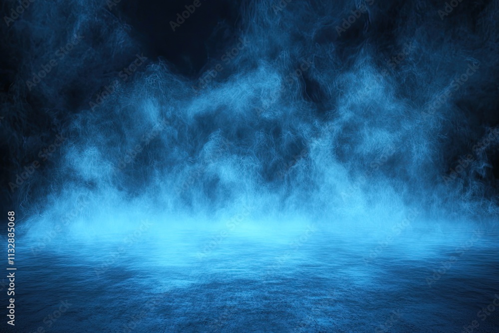 Poster ethereal blue fog with soft light illuminating the ground in a dark atmosphere for mysterious and fa
