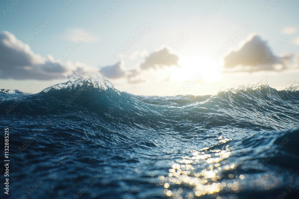 Poster deep blue ocean waves with soft light and gradual color transition in serene water environment