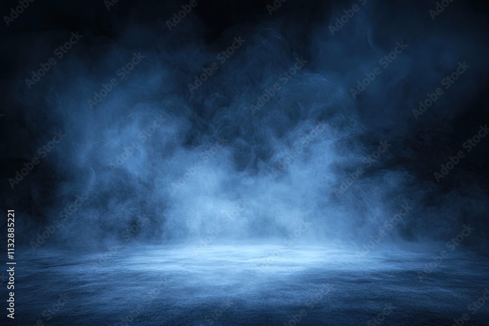 Poster ethereal blue fog with soft light illuminating the ground in a dark atmosphere for mysterious and fa