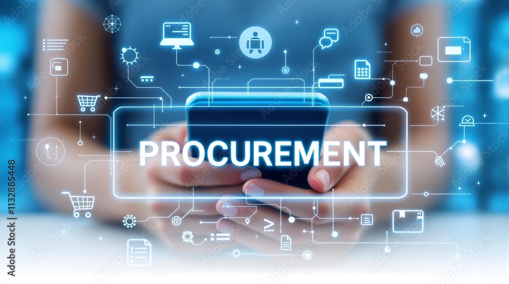 Poster digital transformation in supply chain management showcasing procurement process icons and data-driv
