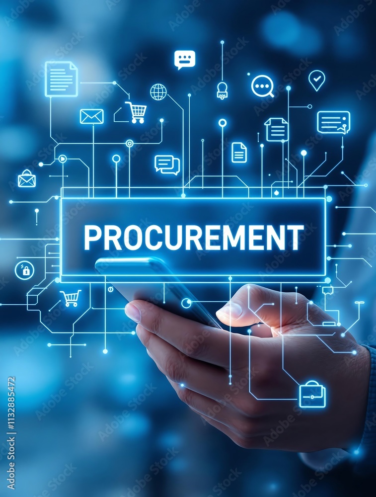 Poster digital transformation in supply chain management showcasing procurement process icons and data-driv