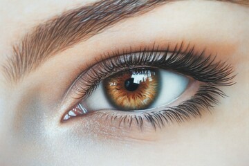 Obraz premium Close-up of a hazel eye with long dark lashes and well-defined eyebrows.