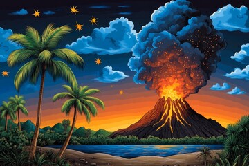 A depiction of early Earth, showing volcanic landscapes and the emergence of the first single-celled organisms