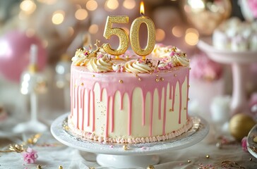 50 Year Birthday cake with candles
