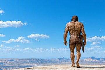 Naklejka premium A detailed image of Homo erectus walking across an open plain with distant volcanic mountains in the background