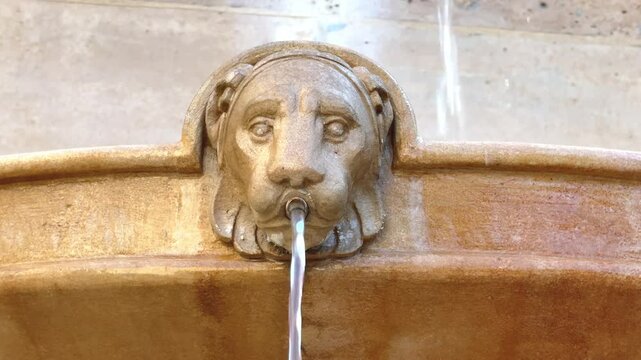 Cette fontaine, dot&eacute;e d'une t&ecirc;te de lion, diffuse de l'eau de mani&egrave;re constante par la gueule de l'animal.