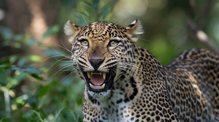 Obraz premium Portrait of a angry leopard roar in the forest 