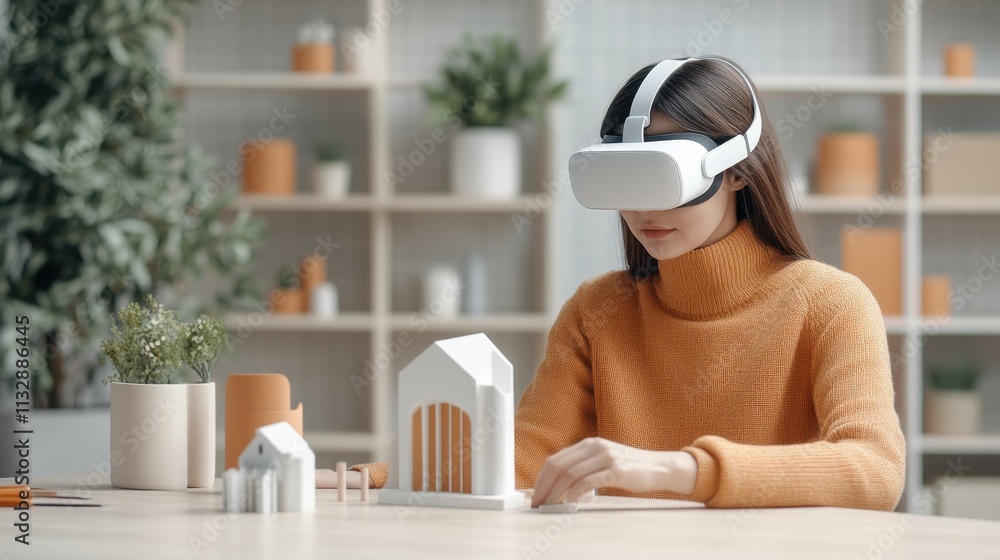 Poster woman using vr headset for augmented reality design with architectural models