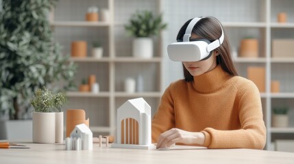 Woman using vr headset for augmented reality design with architectural models