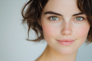 Fototapeta premium Close-up portrait of a young woman with freckles and light brown, wavy hair, smiling softly.
