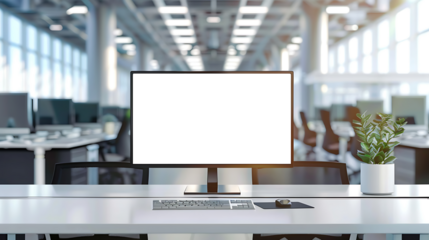 Blank computer screen on work desk in bright modern office. high resolution PNG file