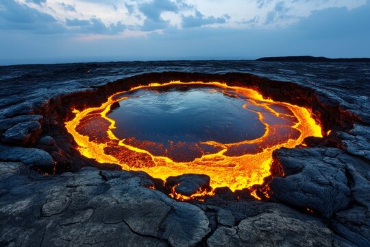 A dramatic view of the Erta Ale volcano, with its glowing lava lake illuminating the dark surroundings