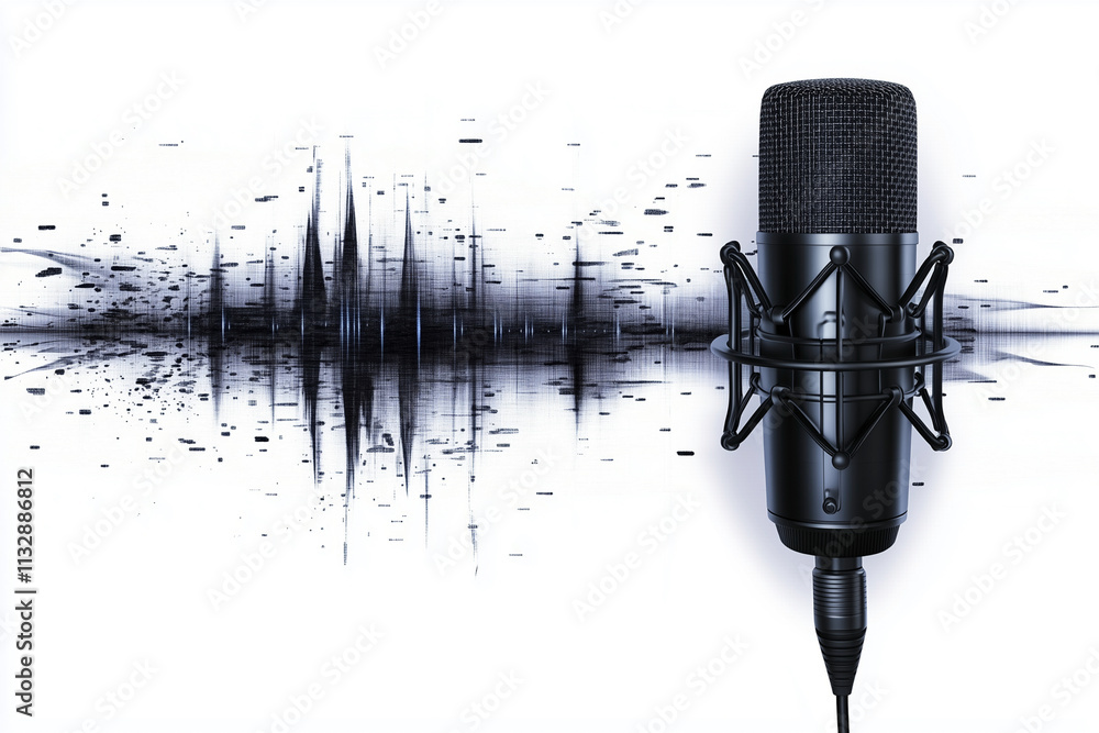 Poster microphone is placed in front of a wave pattern, which suggests that it is being used to record musi