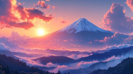 Majestic Snowy Mountains Bathed in Vibrant Sunset Skies