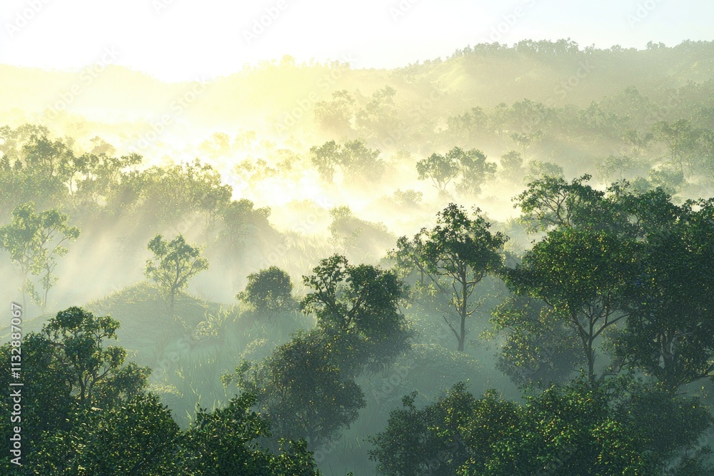 Poster ethereal mist envelopes lush green trees in a serene forest landscape at dawn with soft light filter