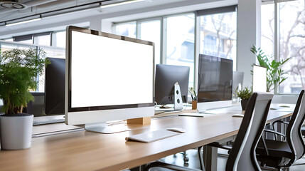 Fototapeta premium Blank computer screen on work desk in bright modern office. high resolution PNG file