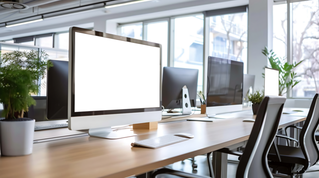 Blank computer screen on work desk in bright modern office. high resolution PNG file