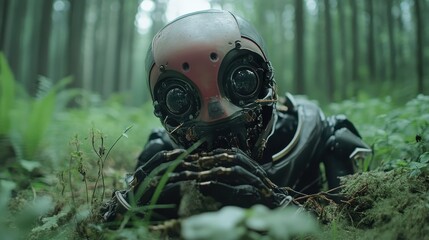 A futuristic robot lying in a dense green forest, capturing the essence of nature meeting technology, representing curiosity and exploration amidst foliage and machinery.