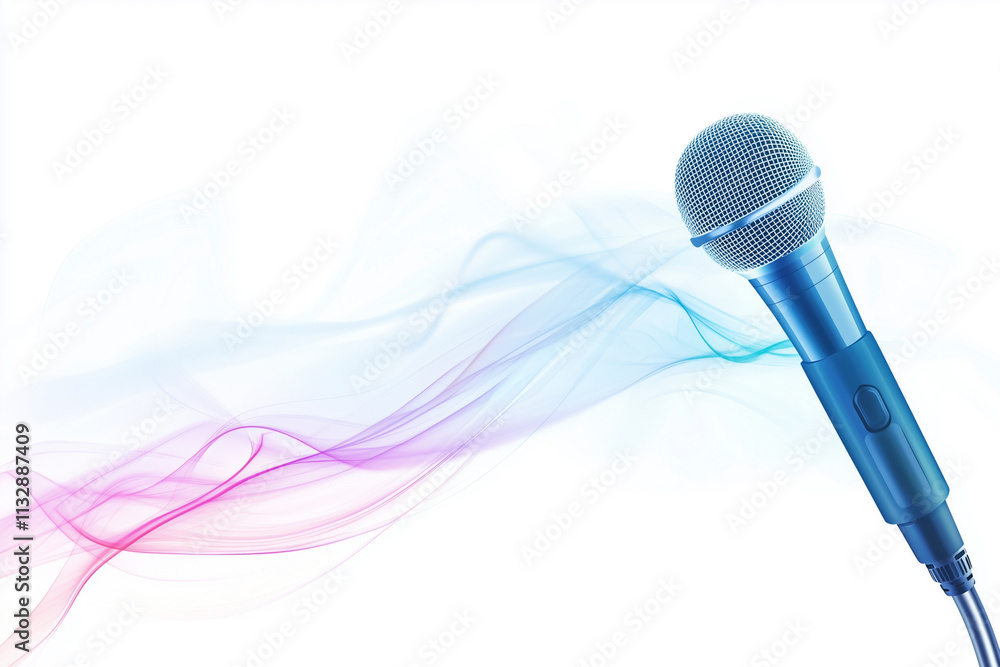 Poster microphone is shown with a colorful wave behind it. the microphone is blue and the wave is multicolo
