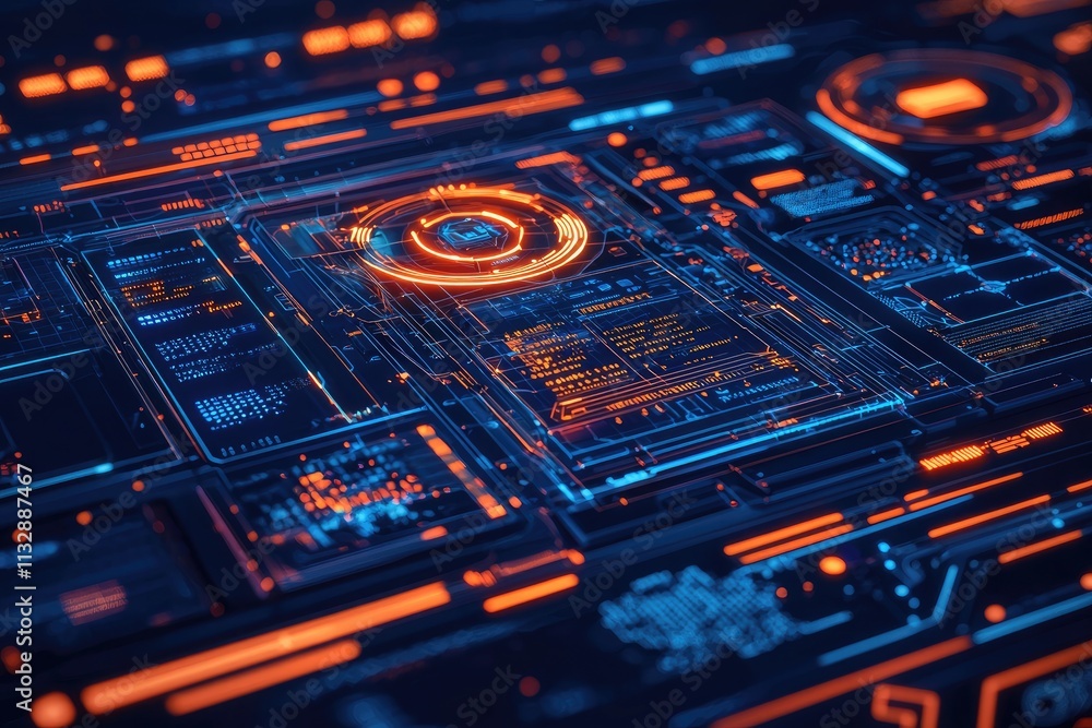Poster futuristic technology interface with glowing blue elements and digital patterns on a vibrant blue ba