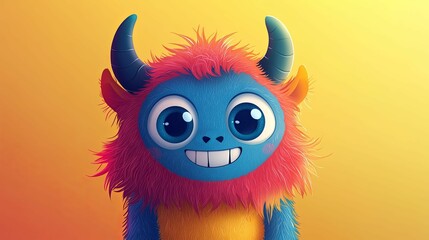 Happy Colorful Furry Monster With Horns