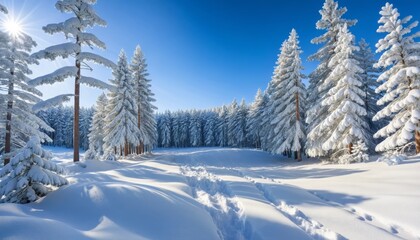 Naklejka premium Pine trees densely covered in fresh snow, with a clear blue winter sky and sunlight casting soft shadows on the ground