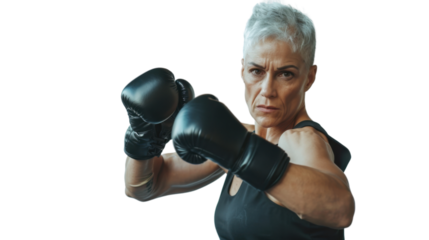 Professional caucasian american middle age female boxer in gloves exercises punches on white background
